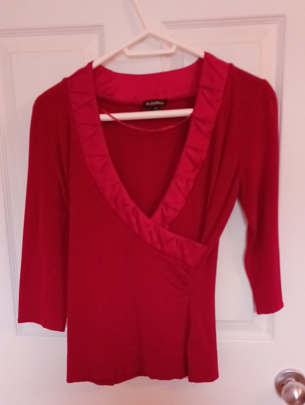 Le Chateau Red V-Neck Ruffle Trim Women's Top